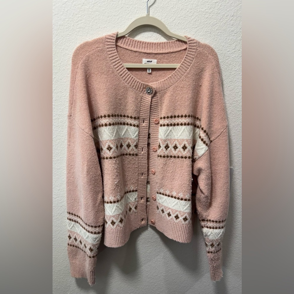 Aerie Pink and White Cozy Cardigan